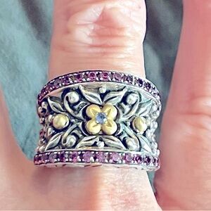 Rare Barbara Bixby Pink Garnet, One Black Sapphire in the Middle of 18k Flower